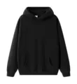 Men's solid black casual hooded sweatshirt with front pocket and no drawstring, loose fit. - S / Tops / Black