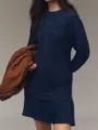 Dark blue cable knit sweater dress with pleated chiffon hem, cozy and stylish apparel. - XS / Dark Blue