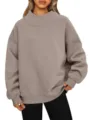 Nahaufnahme des grauen Damen Stehkragen Fleece Sweatshirts langarm Freizeit Oberteil - S / Kaffeebraun