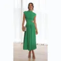 Robe longue verte élégante à col montant et découpe à la taille pour femme en été. - S / Vert