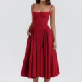 Elegant red spaghetti strap midi dress with corset top and flared pleated skirt for women. - S / Red