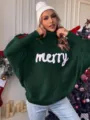 Suéter navideño de cuello alto para mujer suelto mangas murciélago verde de punto. - S / Tops / Verde Oscuro