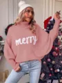 Acogedor suéter rosa de cuello alto con mangas murciélago holgadas y texto merry tejido para el invierno. - S / Tops / Rosa
