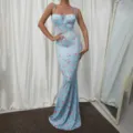 Floral print spaghetti strap bodycon maxi dress for women elegant summer casual long slip dress - L / Dresses / Fluorescent Blue