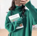 Pull-over tricoté col roulé vert épais pour femme, haut hiver confortable et ample chic. - Vert
