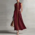 Detailed view of a chic color-blocked sleeveless casual maxi dress in elegant burgundy style. - Burgundy