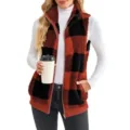 Women red black buffalo plaid fleece vest full zip mock neck sleeveless winter outerwear - S / Tops / Red