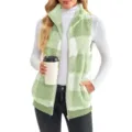 Detailed view of green and white plaid sherpa fleece zip vest, stand collar sleeveless design. - S / Tops / Grass Green
