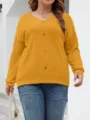 Close-up view of casual V-neck knitted sweater in solid yellow with front button details. - XL / Tops / Space Gray