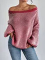 Suéter de punto a rayas colorblock con mangas abullonadas, hombros descubiertos, moda elegante. - S / Rojo