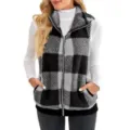 Detailed close-up view of the black and white plaid fleece vest stand collar winter top. - Gray