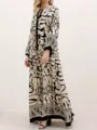 Black and white abstract print long sleeve maxi dress for women elegant casual daily wear - S / Khaki