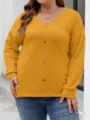 Women V-Neck Long Sleeve Mustard Yellow Knit Sweater With Front Buttons Casual Pullover - XL / Tops / Sunflower Yellow
