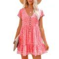 Floral print short sleeve detail of casual V-neck tiered mini dress for women summer. - S / Red