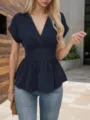 Einfarbige V-Ausschnitt Schößchen Kurzarm Top für Damen, elegante lässige Sommerbluse. - Marineblau