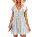 Close-up details of the V-neck floral short-sleeve button-down tiered dress fabric. - S / Gray