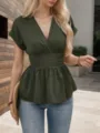 Grünes Damen Oberteil mit V-Ausschnitt Schößchen Kurzarm elegant Sommer Bluse Mode - Armeegrün