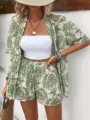 Grünes botanisches Sommer Zweiteiler Set mit Kurzarmhemd und High Waist Shorts für Urlaub. - Geometrisches Muster 6