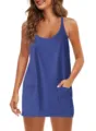 Detail view of solid blue women's sleeveless mini dress featuring functional dual front pockets. - Sapphire Blue / S