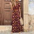 Vestido largo boho escote V manga corta detalle con estampado retro y elegante cinturón. - S / Burdeos