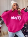 Suéter navideño de cuello alto con manga murciélago en rosa fucsia con mensaje merry. - S / Tops / Rosa rojo