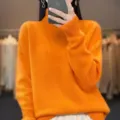 Pull-over orange à col roulé, tricot ample et chaud pour femme, style décontracté tendance. - Orange