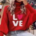 Red turtleneck sweater for women, cozy knit pullover with cute heart love graphic design. - S / Tops / Red