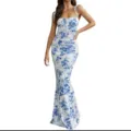 Blue and white floral print long bodycon dress with spaghetti straps and ruched bust details. - White with Light Blue Floral