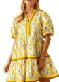 Details view of the yellow floral print puff sleeve V-neck tiered mini dress for women. - S / Yellow
