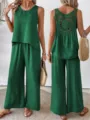 Chic green two-piece set featuring a sleeveless top with hollow-out back and wide-leg pants. - S / Top And Bottom / Dark Green