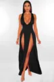 Detail view of the elegant deep-V high-slit long dress, showing slim fit and sexy party style. - S / 2775 Black