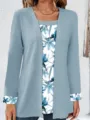 Chic European style women's floral patchwork fake two-piece cardigan t-shirt detail view. - S / Tops / Light Blue