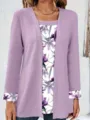Women's faux two-piece floral print cardigan t-shirt casual long sleeve top stylish. - S / Tops / Light Purple