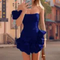 Women Summer Blue Strapless Bodycon Mini Dress Off Shoulder Ruffle Flower Party Dress - Dark Blue