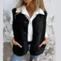 Cozy autumn winter fleece vest for women button up sleeveless fluffy jacket outerwear - S / Tops / Black