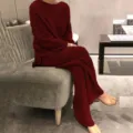 Women solid ribbed knit two piece set long sleeve pullover sweater wide leg pants winter - Burgundy