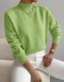 Maglione a maniche lunghe con collo alto verde lime, top in maglia tinta unita ampio per donna. - Verde