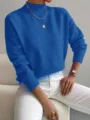 Maglione a collo alto manica lunga blu, top in maglia tinta unita casual alla moda. - Blu zaffiro