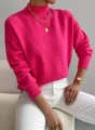 Maglione donna rosa collo alto manica lunga elegante tinta unita casual comodo chic top - Rosso rosa