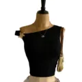 Top corto nero asimmetrico monospalla, elegante maglietta estiva senza maniche, slim. - XS / Top / Nero