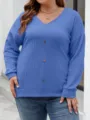 Plus size casual v-neck long sleeve knit sweater for women, solid color button top. - XL / Tops / Sapphire Blue