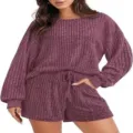 Άνετο σετ loungewear δύο τεμαχίων με μακρυμάνικο τοπ και σορτς με ριμπ χνουδωτή υφή γυναικείο. - S / Τοπ και Παντελόνι / Μπορντό