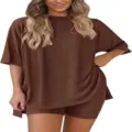 Women casual solid color short sleeve loose top and matching shorts two piece set summer - XS / Top And Bottom / Red