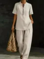 Completo due pezzi top manica corta e pantaloni lunghi tinta unita moda estiva dettaglio - Taglia S / Top e Pantaloni / Grigio