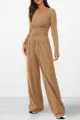 Casual two-piece lounge set featuring long sleeve asymmetric top and wide leg pants. - XS / Top And Bottom (LL9020) / Khaki