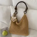 Casual handmade hollow woven tote bag with dark wood bead handle and cute bear charm accessory - Khaki (With Pendant)
