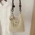 Korean style cream woven hobo bag with wooden bead strap and cute plush bear charm - Cream White (With Pendant)
