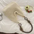 Elegant cream colored crochet woven tote bag with natural wooden bead shoulder strap - Off-White (Single Bag)