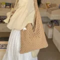 Beige handmade crochet tote bag with hollow knit pattern and shell charm for summer - Khaki
