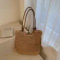 Elegante borsa tote in paglia lavorata a maglia traforata beige per la spiaggia e l'uso quotidiano - Marrone Borsa Singola